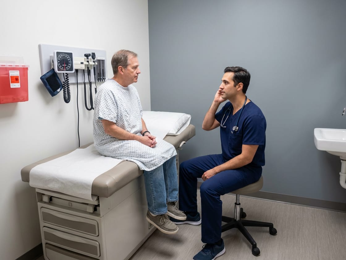 A patient and a doctor talking in a medical examination room.
