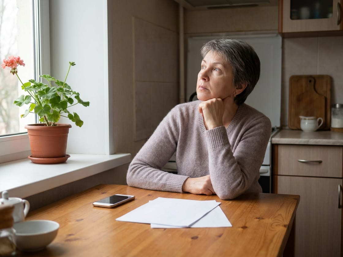 A woman in her late fifties sitting at her kitchen table with paperwork and a phone.