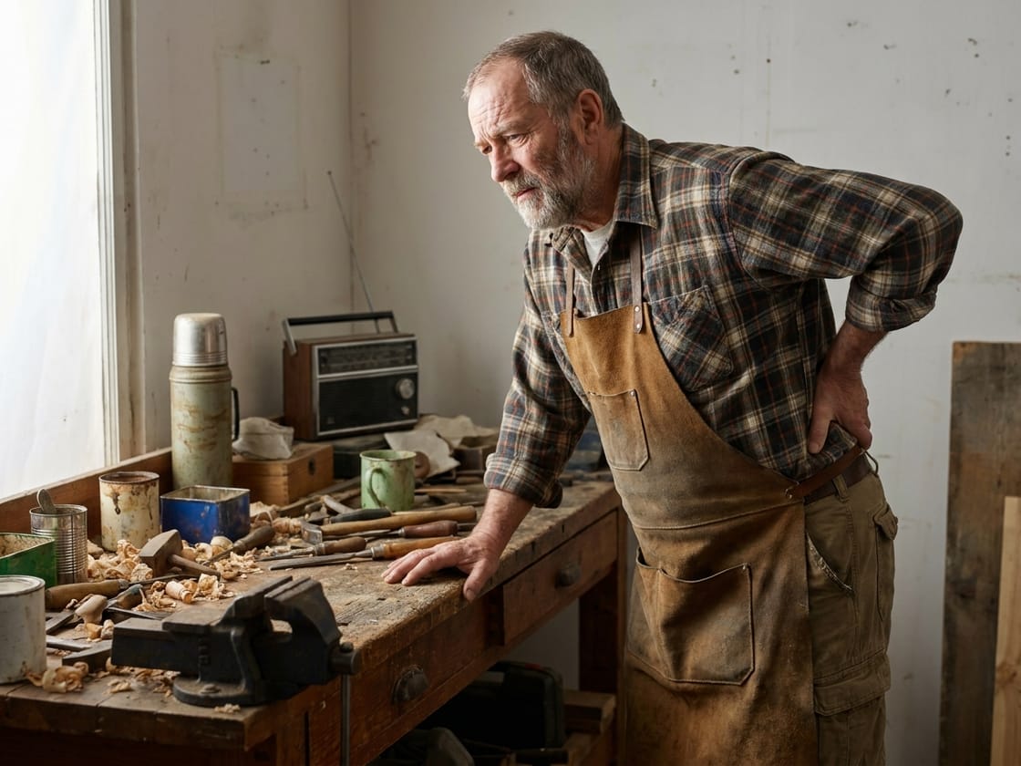 A man in his early sixties pausing at a workbench, resting his back.
